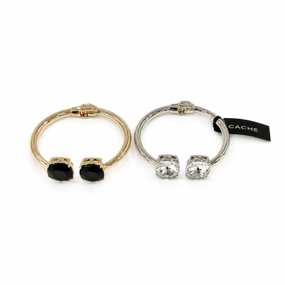 $74 Cache cuff clamper Bangle Bracelet Set of 2 Gold clear Crystal End statement